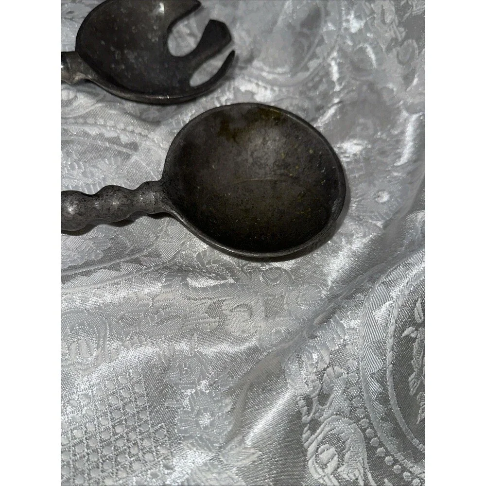 Pewter Metal Silver Tone Salad Servers Silverware Bubble Bead Curved Handles